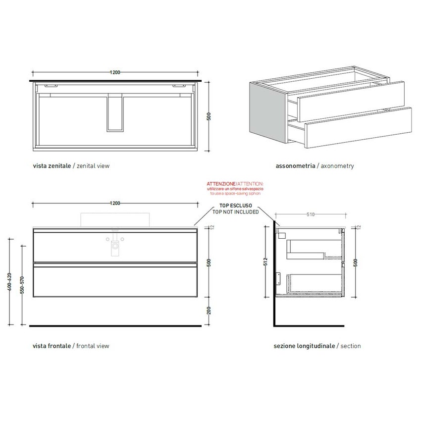 Immagine di Flaminia CUBIKA base portalavabo L.120 P.50 cm sospesa, con 2 cassetti, senza top, colore bianco finitura opaco CKD949LBK