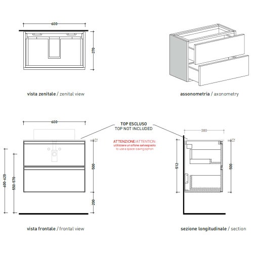 Immagine di Flaminia CUBIKA base portalavabo L.60 P.37 cm sospesa, con 2 cassetti, senza top, colore bianco finitura opaco CKD938LBK
