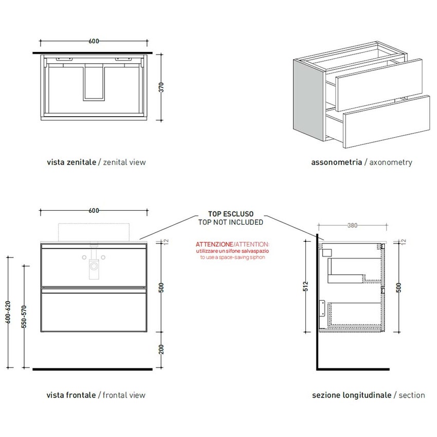 Immagine di Flaminia CUBIKA base portalavabo L.60 P.37 cm sospesa, con 2 cassetti, senza top, colore bianco finitura opaco CKD938LBK