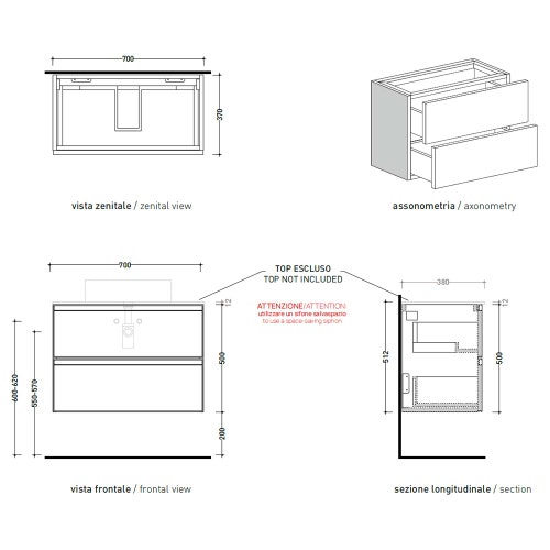 Immagine di Flaminia CUBIKA base portalavabo L.70 P.37 cm sospesa, con 2 cassetti, senza top, colore bianco finitura opaco CKD808LBK