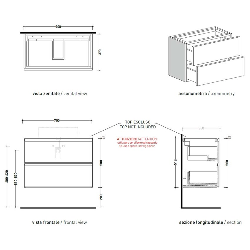 Immagine di Flaminia CUBIKA base portalavabo L.70 P.37 cm sospesa, con 2 cassetti, senza top, colore bianco finitura opaco CKD808LBK