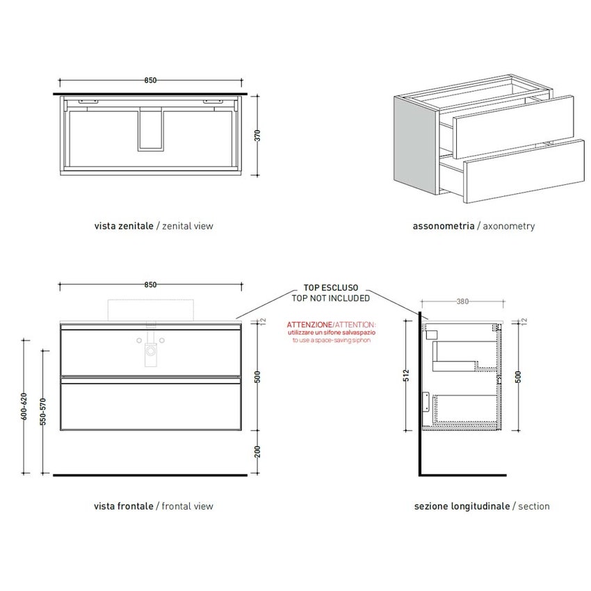 Immagine di Flaminia CUBIKA base portalavabo L.85 P.37 cm sospesa, con 2 cassetti, senza top, colore bianco finitura opaco CKD814LBK