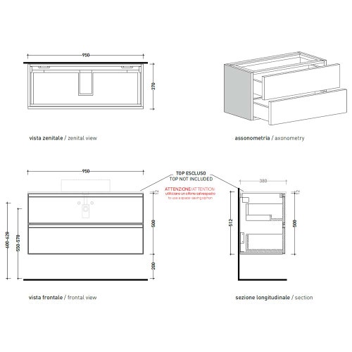 Immagine di Flaminia CUBIKA base portalavabo L.95 P.37 cm sospesa, con 2 cassetti, senza top, colore bianco finitura opaco CKD826LBK
