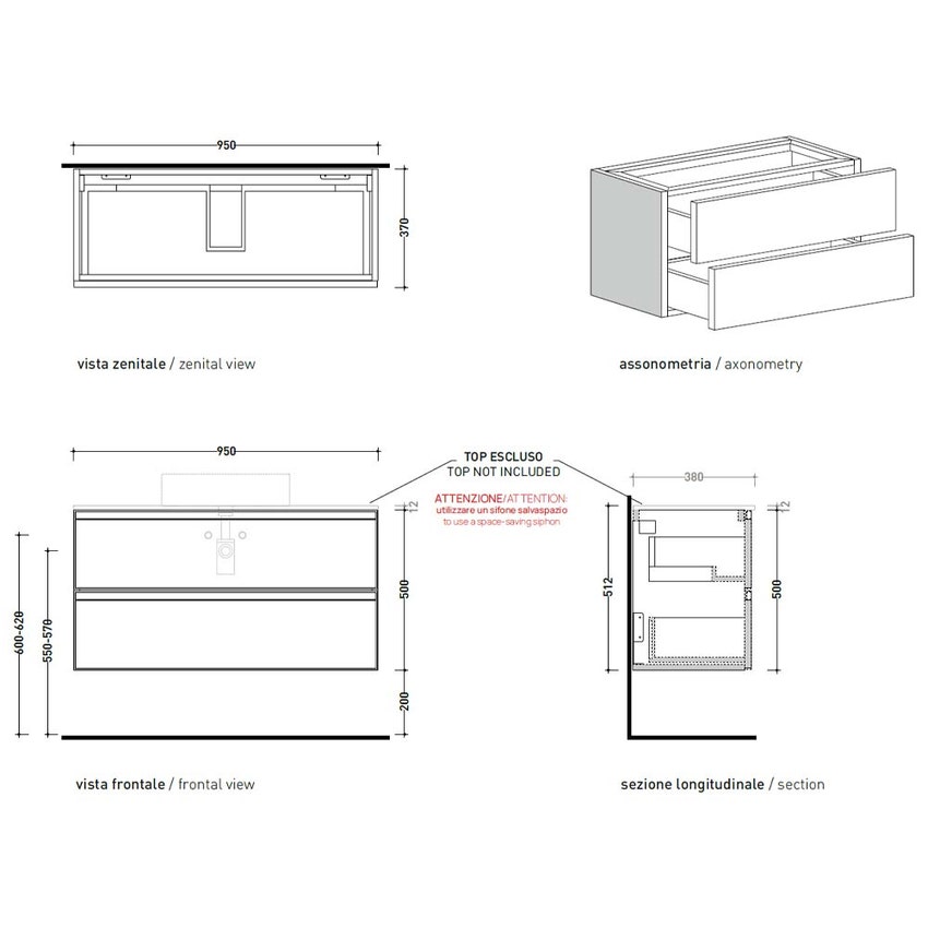Immagine di Flaminia CUBIKA base portalavabo L.95 P.37 cm sospesa, con 2 cassetti, senza top, colore bianco finitura opaco CKD826LBK