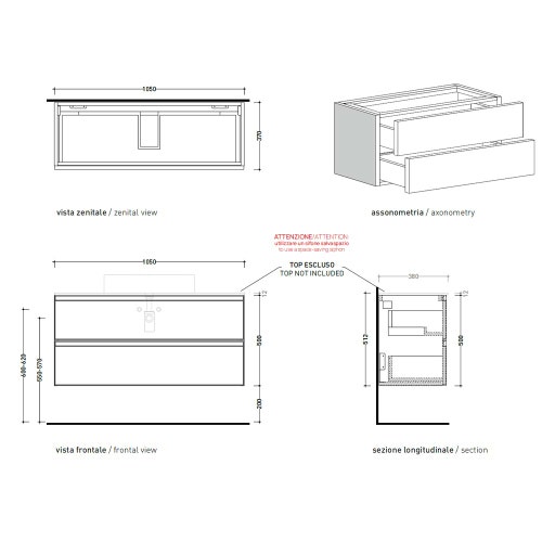 Immagine di Flaminia CUBIKA base portalavabo L.105 P.37 cm sospesa, con 2 cassetti, senza top, colore bianco finitura opaco CKD838LBK