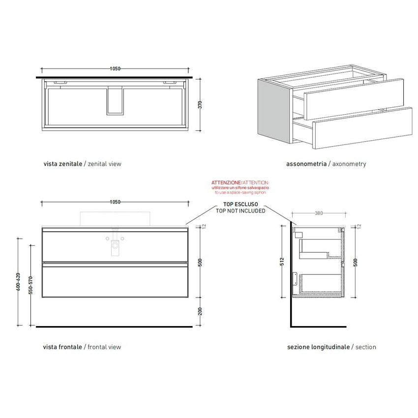 Immagine di Flaminia CUBIKA base portalavabo L.105 P.37 cm sospesa, con 2 cassetti, senza top, colore bianco finitura opaco CKD838LBK