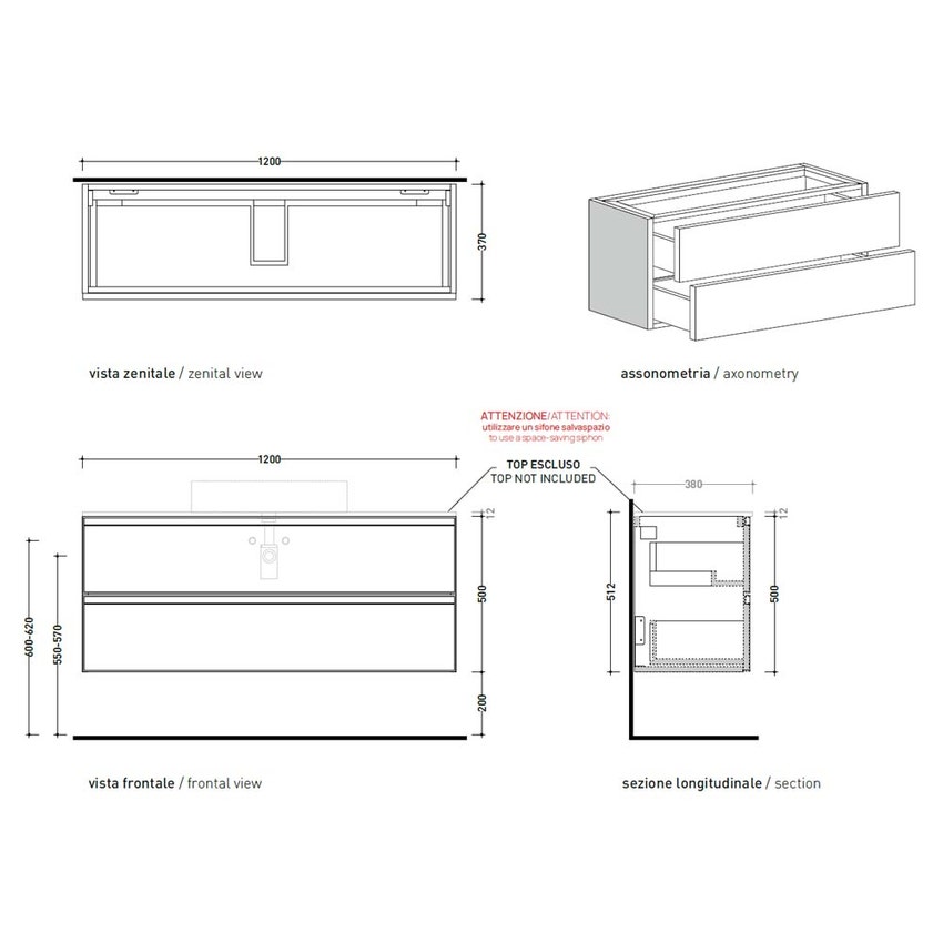 Immagine di Flaminia CUBIKA base portalavabo L.120 P.37 cm sospesa, con 2 cassetti, senza top, colore bianco finitura opaco CKD948LBK