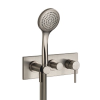 Immagine di Gessi VIA TORTONA miscelatore doccia a parete 2 uscite, con deviatore, presa acqua, supporto, flessibile 150 cm e doccetta anticalcare, senza corpo incasso, finitura finox brushed nickel 44829#149