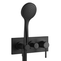 Immagine di Gessi VIA TORTONA miscelatore doccia a parete 2 uscite, con deviatore, presa acqua, supporto, flessibile 150 cm e doccetta anticalcare, senza corpo incasso, colore nero finitura opaco 44829#299