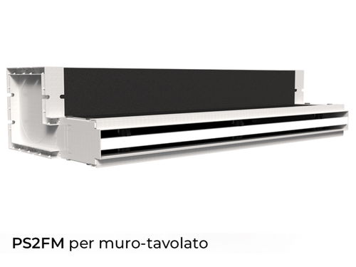 Immagine di Air Control Plenum doppia feritoia a scomparsa H 50, versione muratura profilo bianco 600x50 mm,un attacco Ø150, configurazione attacchi posteriore PS2F-MB-600X50-1A-P
