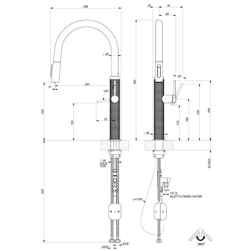 Immagine di Gessi 316 CESELLO miscelatore con doccetta estraibile doppio-getto e bocca girevole per lavello, con funzione acqua filtrata, finitura steel brushed 60826#239