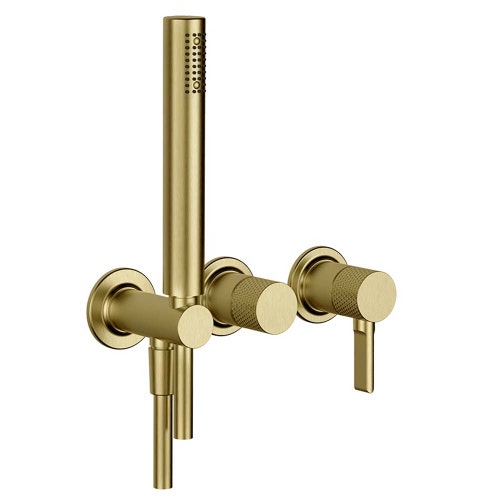 Immagine di Gessi INCISO miscelatore doccia a parete 2 vie con deviatore, presa acqua e supporto doccetta, finitura gold brushed pvd 58345#716