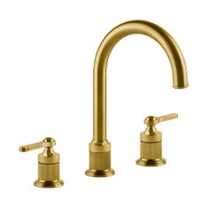 Immagine di Gessi VENTI20 gruppo lavabo 3 fori H.28 cm, con bocca a ombrello, senza scarico, con flessibili di collegamento, finitura gold brushed pvd 65016#716