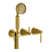 Immagine di Gessi VENTI20 miscelatore doccia a parete, 2 vie, con deviatore, presa acqua, supporto doccetta e doccetta, senza corpo incasso, finitura gold brushed pvd 65036#716