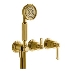 Immagine di Gessi VENTI20 miscelatore doccia a parete, 2 vie, con deviatore, presa acqua, supporto doccetta e doccetta, senza corpo incasso, finitura gold brushed pvd 65036#716