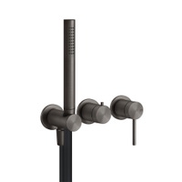 Immagine di Gessi 316 BATH miscelatore per doccia a parete, 2 uscite, con deviatore, presa acqua e supporto doccetta, senza corpo incasso, finitura black metal brushed PVD 54039#707