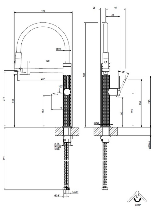 Immagine di Gessi 316 MECCANICA miscelatore semi-professionale monocomando H.50 cm, con bocca girevole e doccetta estraibile doppio-getto, finitura steel brushed 60212#239