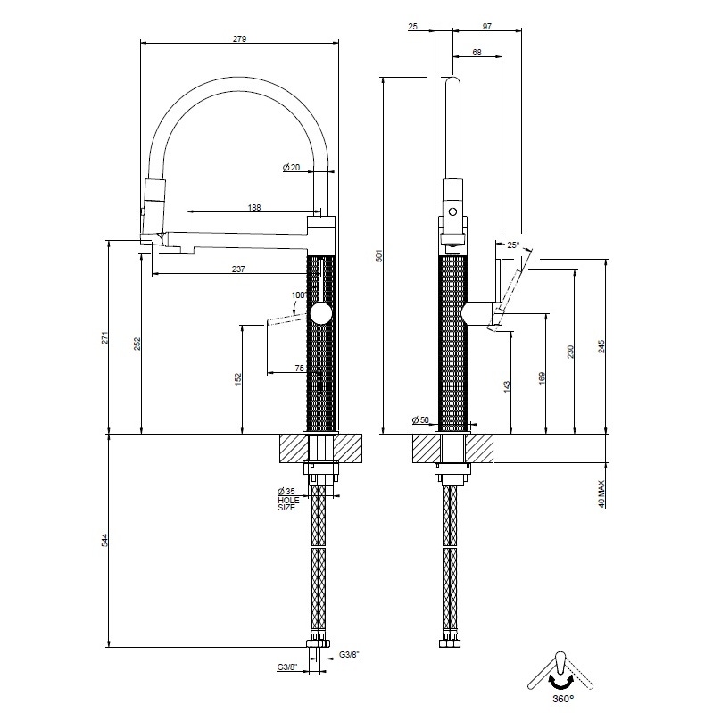 Immagine di Gessi 316 MECCANICA miscelatore semi-professionale monocomando H.50 cm, con bocca girevole e doccetta estraibile doppio-getto, finitura steel brushed 60212#239