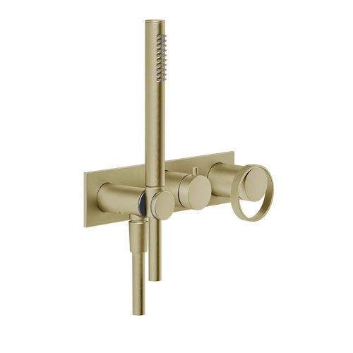 Immagine di Gessi ANELLO miscelatore doccia, a parete, 2 uscite con deviatore, presa acqua e supporto doccetta, senza corpo incasso, finitura brass brushed PVD 63343#727