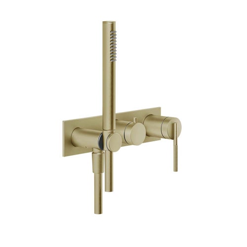 Immagine di Gessi INGRANAGGIO miscelatore doccia, a parete, 2 vie, con deviatore, presa acqua e supporto doccetta, senza corpo incasso, finitura brass brushed PVD 63543#727