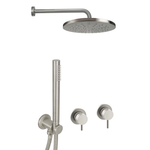 Immagine di Rubinetteria Paffoni LIGHT set doccia con miscelatore ad incasso con piastra Ø 7 cm, deviatore 2 vie, soffione Ø 22.5 cm, braccio a parete e set doccetta, finitura acciaio satinato KITLIG010ST70