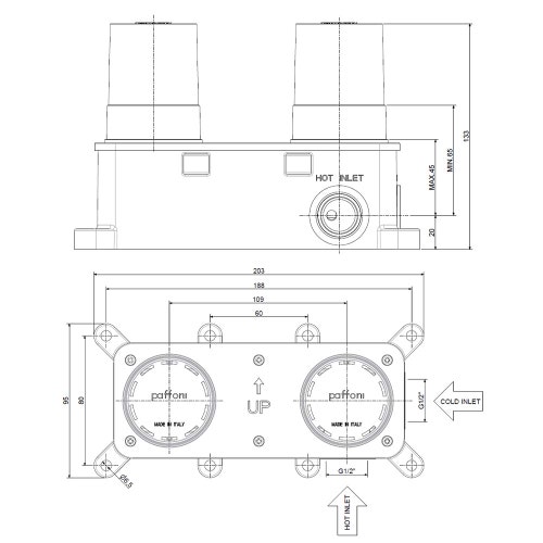 Immagine di Rubinetteria Paffoni INOX TECH miscelatore monocomando per lavabo ad incasso, con 2 piastre Ø 6 cm, bocca P.18 cm e corpo incasso incluso, finitura acciaio inox INOX107AC60