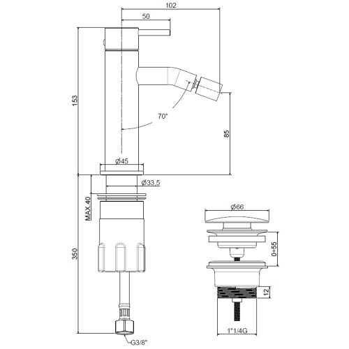 Immagine di Rubinetteria Paffoni INOX TECH miscelatore H.15.3 cm per bidet, con scarico Click-Clack 1"1/4, finitura acciaio inox INOX131KAC
