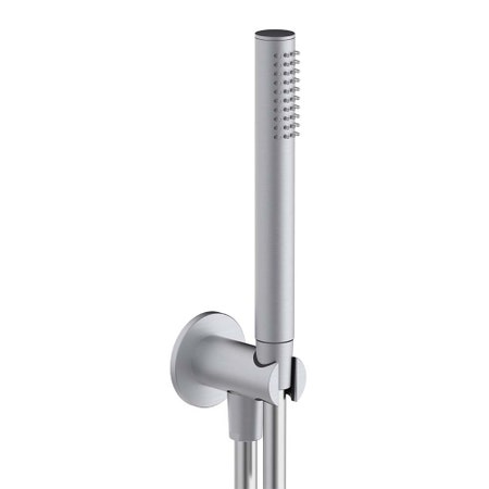 Immagine di Rubinetteria Paffoni INOX TECH set doccia ad incasso tondo con doccetta minimal monogetto, supporto, presa acqua incorporata e flessibile PVC 150 cm, finitura acciaio inox ZDUP130AC
