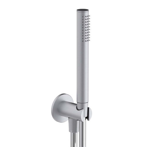 Immagine di Rubinetteria Paffoni INOX TECH set doccia ad incasso tondo con doccetta minimal monogetto, supporto, presa acqua incorporata e flessibile PVC 150 cm, finitura acciaio inox ZDUP130AC