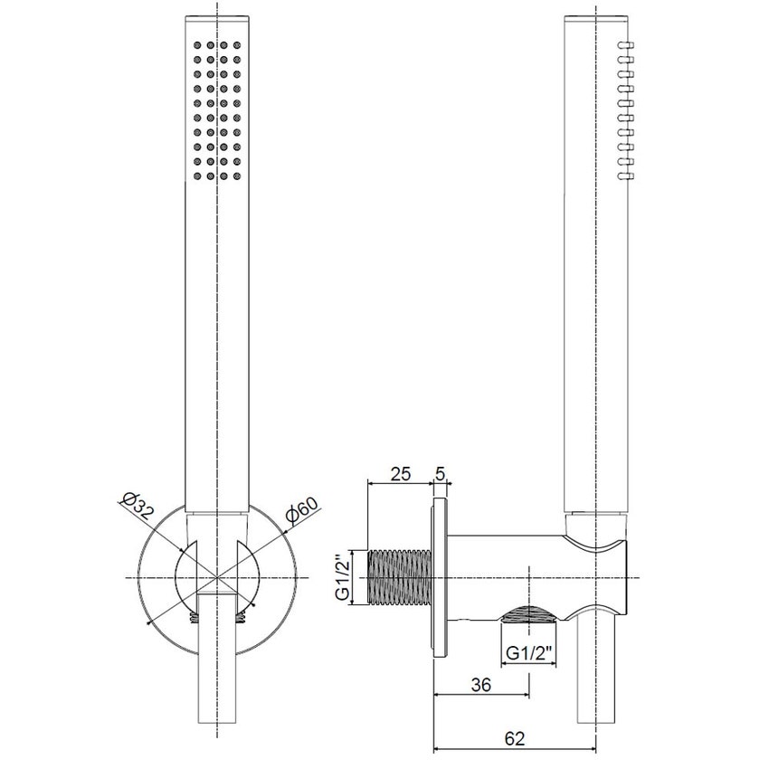 Immagine di Rubinetteria Paffoni INOX TECH set doccia ad incasso tondo con doccetta minimal monogetto, supporto, presa acqua incorporata e flessibile PVC 150 cm, finitura acciaio inox ZDUP130AC