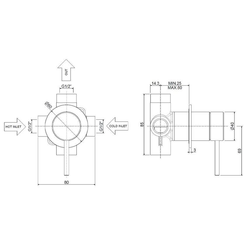 Immagine di Rubinetteria Paffoni INOX TECH miscelatore per doccia ad incasso, attacchi 1/2”G, con corpo incasso incluso, finitura acciaio inox INOX010AC