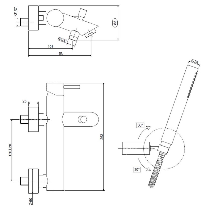 Immagine di Rubinetteria Paffoni LIGHT miscelatore per vasca/doccia con supporto snodato in metallo, con deviatore, con doccia e flessibile, finitura acciaio satinato LIG023ST