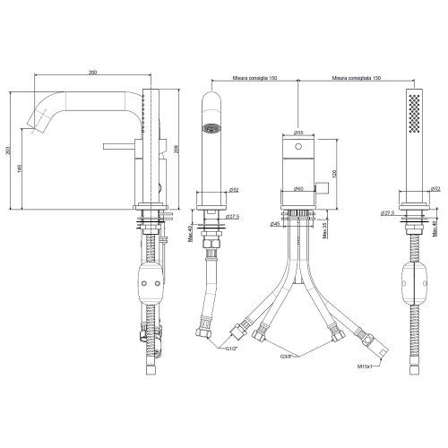 Immagine di Rubinetteria Paffoni LIGHT miscelatore bordo vasca bocca 20 cm con portata maggiorata, con doccia e flessibile, finitura cromo LIG045CR