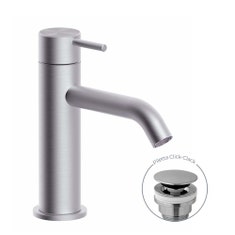 Immagine di Rubinetteria Paffoni LIGHT miscelatore H.15.3 cm per lavabo, con scarico Click-Clack 1"1/4, finitura acciaio inox INOX071KAC