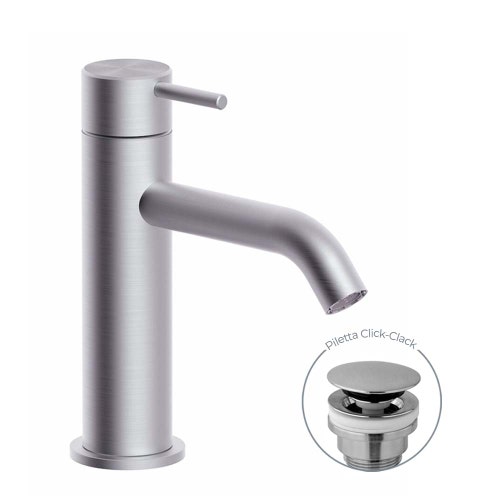 Immagine di Rubinetteria Paffoni LIGHT miscelatore H.15.3 cm per lavabo, con scarico Click-Clack 1"1/4, finitura acciaio inox INOX071KAC