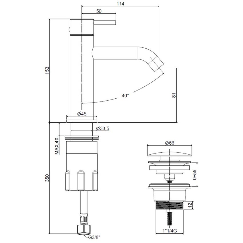 Immagine di Rubinetteria Paffoni LIGHT miscelatore H.15.3 cm per lavabo, con scarico Click-Clack 1"1/4, finitura acciaio inox INOX071KAC