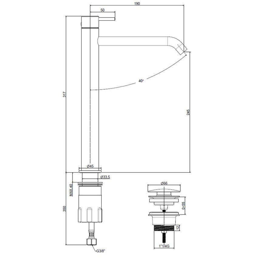 Immagine di Rubinetteria Paffoni LIGHT miscelatore H.31.7 cm per lavabo, con scarico Click-Clack 1"1/4, finitura acciaio inox INOX081KAC