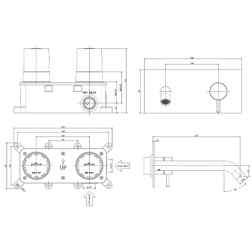 Immagine di Rubinetteria Paffoni INOX TECH miscelatore ad incasso per lavabo, con 2 piastre 20x9 cm, bocca P.18 cm e corpo incasso incluso, finitura acciaio inox INOX107AC