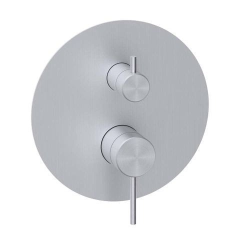 Immagine di Rubinetteria Paffoni INOX TECH miscelatore ad incasso con piastra Ø 18 cm per doccia, 2 uscite, finitura acciaio inox INOX018AC