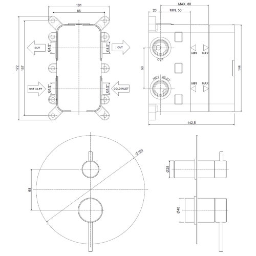 Immagine di Rubinetteria Paffoni INOX TECH miscelatore ad incasso con piastra Ø 18 cm per doccia, 2 uscite, finitura acciaio inox INOX018AC