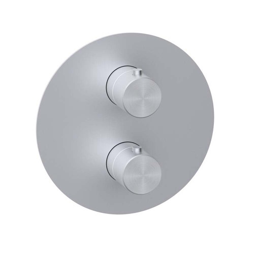 Immagine di Rubinetteria Paffoni INOX TECH miscelatore termostatico ad incasso con piastra Ø 19 cm per doccia, 2 uscite, finitura acciaio inox INOXQ018AC