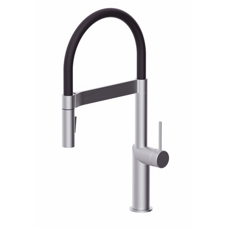 Immagine di Rubinetteria Paffoni INOX TECH miscelatore monoforo professionale H.47.5 cm per lavabo, con bocca orientabile e docccia a 2 getti, finitura acciaio inox INOX179AC