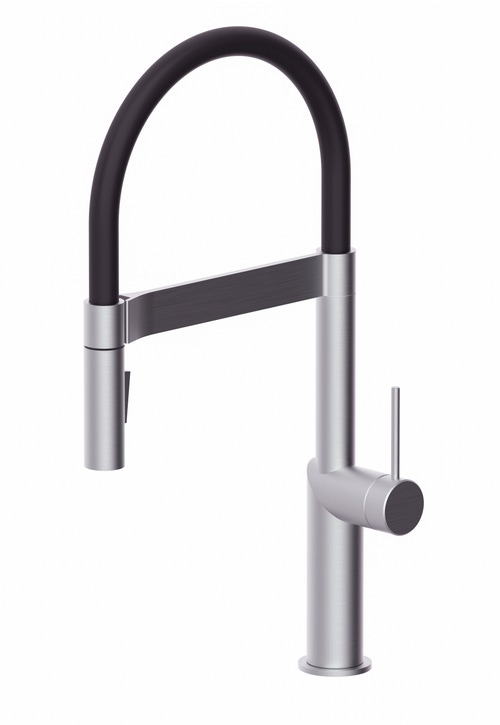 Immagine di Rubinetteria Paffoni INOX TECH miscelatore monoforo professionale H.47.5 cm per lavabo, con bocca orientabile e docccia a 2 getti, finitura acciaio inox INOX179AC