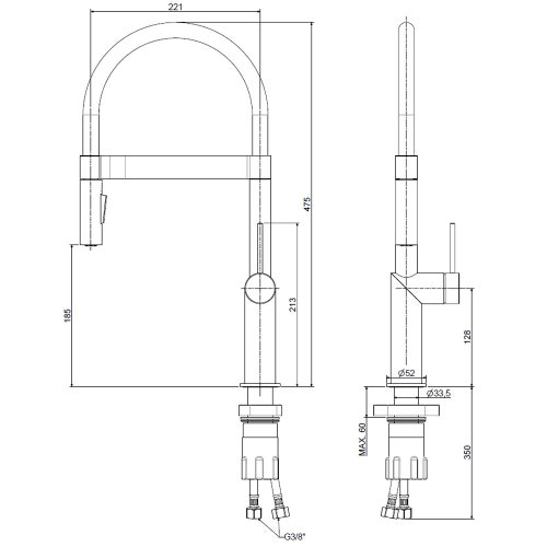 Immagine di Rubinetteria Paffoni INOX TECH miscelatore monoforo professionale H.47.5 cm per lavabo, con bocca orientabile e docccia a 2 getti, finitura acciaio inox INOX179AC