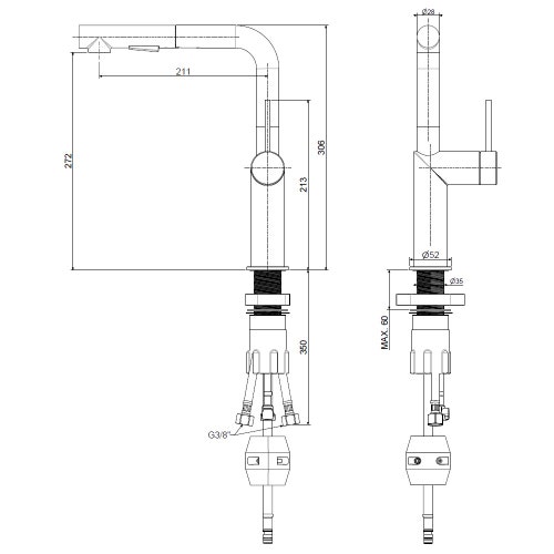 Immagine di Rubinetteria Paffoni INOX TECH miscelatore monoforo H.30.6 cm per lavabo, con bocca orientabile, finitura acciaio inox INOX285AC