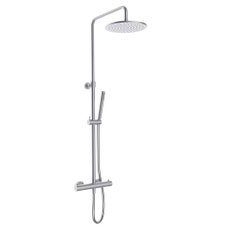 Immagine di Rubinetteria Paffoni INOX TECH colonna doccia regolabile a parete, soffione rotondo Ø 25 cm, flessibile 150 cm e doccetta, finitura acciaio inox ZCOL504AC