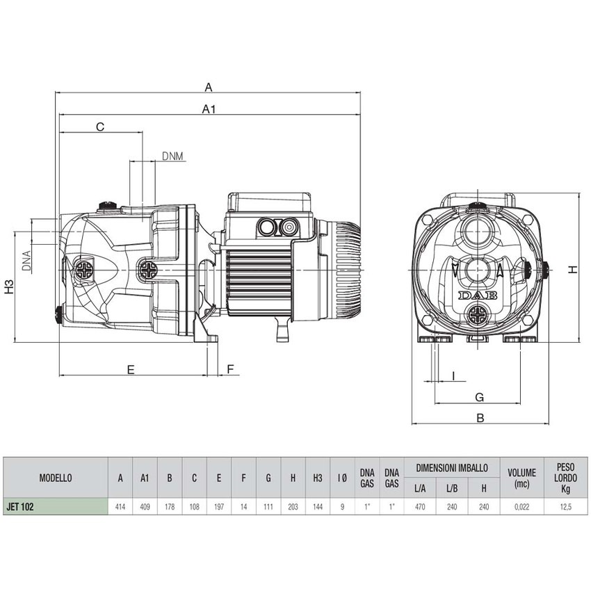 Immagine di Dab Pumps JET 102 M Pompa centrifuga autoadescante per approvvigionamento idrico in ambiente domestico, con corpo in ghisa, portata max 3.6 m³/h - prevalenza max 53.8 m 60212473H