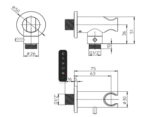 Immagine di Bossini  NOBU rubinetto d’arresto da 1/2”M con vitone a dischi di ceramica e supporto doccia, finitura acciaio satinato INC009000075005