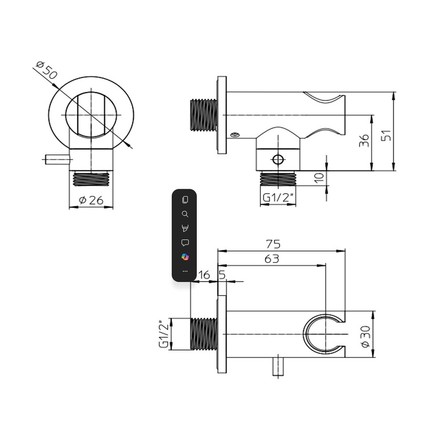 Immagine di Bossini  NOBU rubinetto d’arresto da 1/2”M con vitone a dischi di ceramica e supporto doccia, finitura acciaio satinato INC009000075005