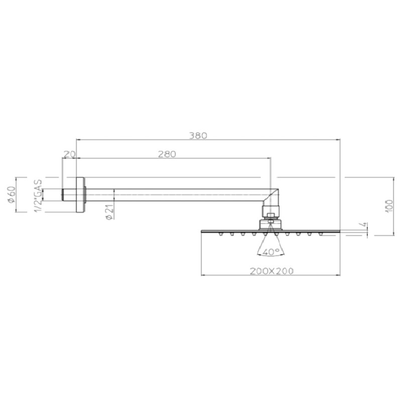 Immagine di Bossini TETIS soffione quadrato 20 cm, in acciaio inox, con braccio doccia orizzontale 30 cm, finitura cromo H70873G00030009